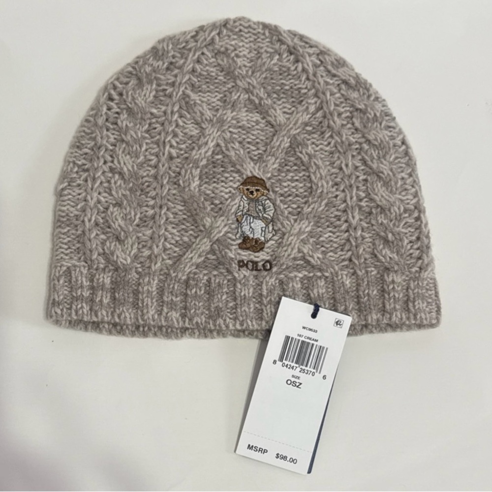 NWT!!Polo Ralph Lauren Women’s Polo Bear Aran-Knit Wool-Blend Beanie